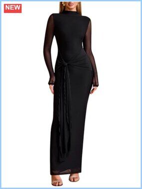 Long Sleeve Bodycon Maxi Dress Open Back Tie Formal Wedding Guest